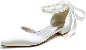 Minishion Beaded Wedding Flats Shoes for Women Girls Ankle Chain Evening Formal Pumps with Ribbon MS321
