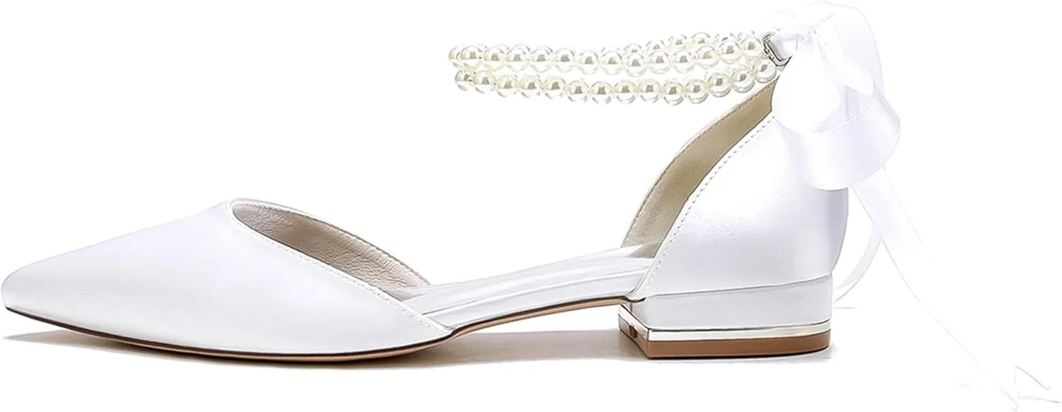 Minishion Beaded Wedding Flats Shoes for Women Girls Ankle Chain Evening Formal Pumps with Ribbon MS321