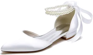 Minishion Beaded Wedding Flats Shoes for Women Girls Ankle Chain Evening Formal Pumps with Ribbon MS321