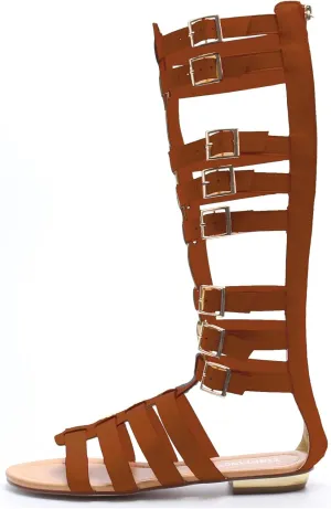 Minishion Women Tall Gladiator Sandals Knee High Strappy Summer Flats with Buckle TM027