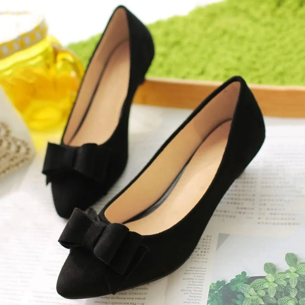 MIOKE Women's Pointed Toe Bowknot Comfy Kitten Low Heel Pumps Suede Slip On Loafer Casual Office Dress Shoes