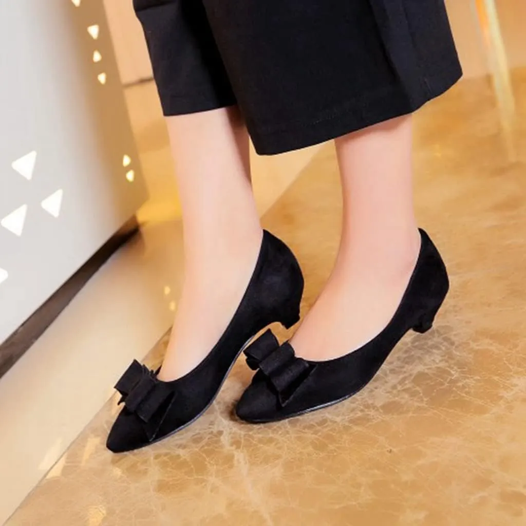 MIOKE Women's Pointed Toe Bowknot Comfy Kitten Low Heel Pumps Suede Slip On Loafer Casual Office Dress Shoes