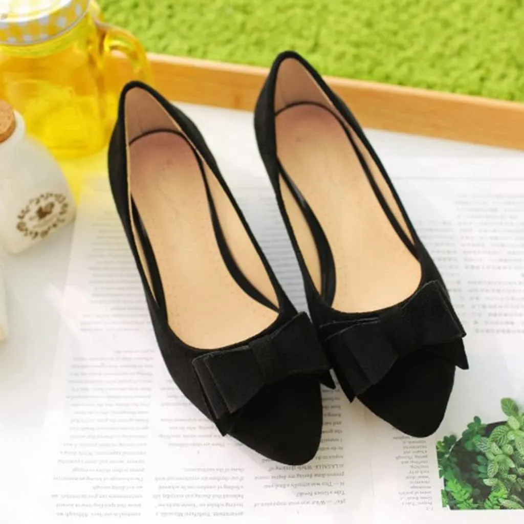 MIOKE Women's Pointed Toe Bowknot Comfy Kitten Low Heel Pumps Suede Slip On Loafer Casual Office Dress Shoes
