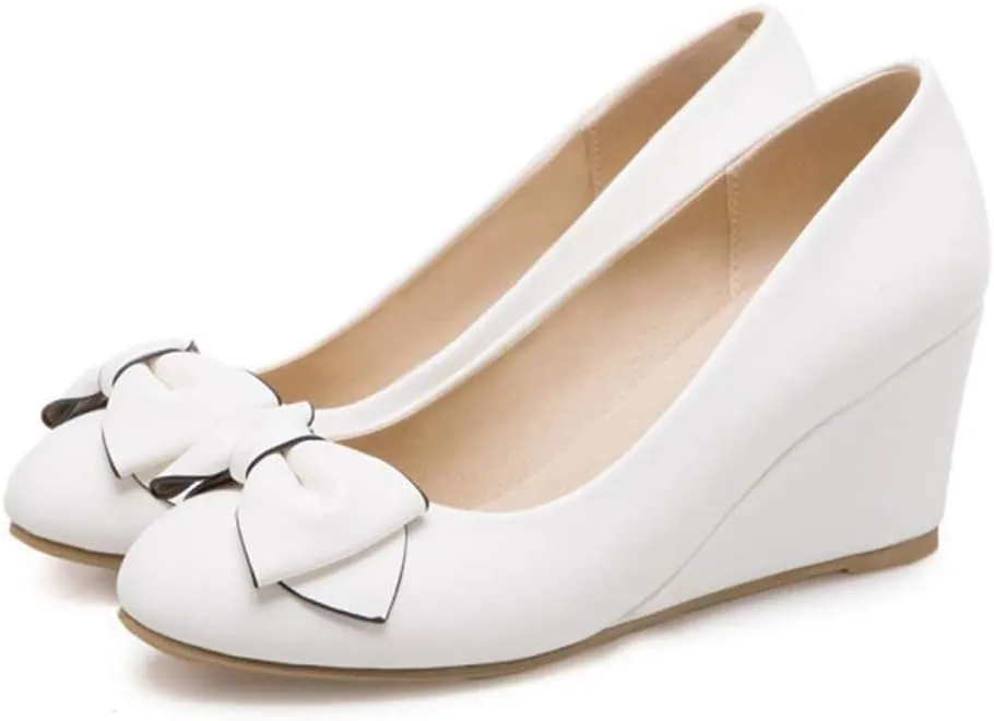 MIOKE Women's Round Toe Mid Wedge Heel Pumps Bow Slip-On Leather Comfortable Chunky Walking Dress Shoes