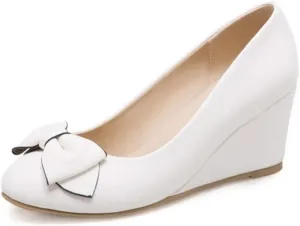 MIOKE Women's Round Toe Mid Wedge Heel Pumps Bow Slip-On Leather Comfortable Chunky Walking Dress Shoes