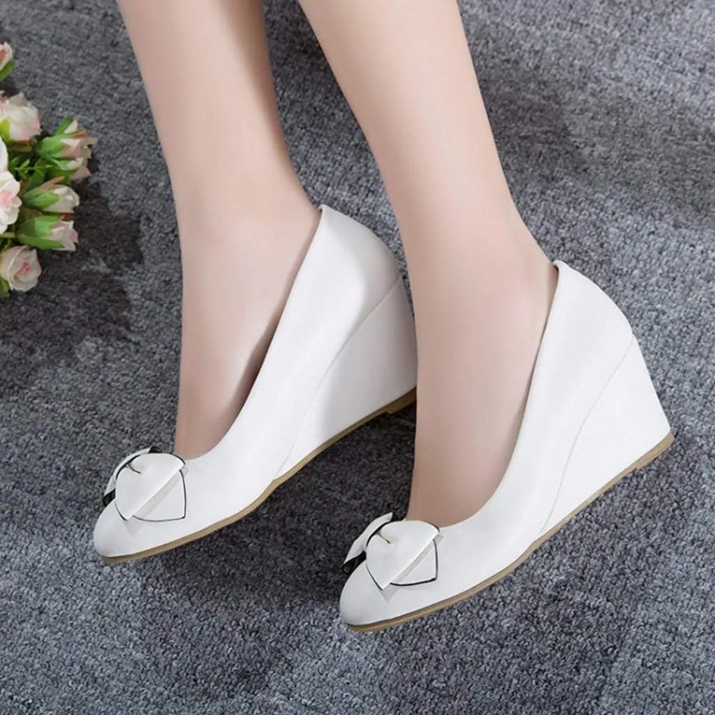 MIOKE Women's Round Toe Mid Wedge Heel Pumps Bow Slip-On Leather Comfortable Chunky Walking Dress Shoes