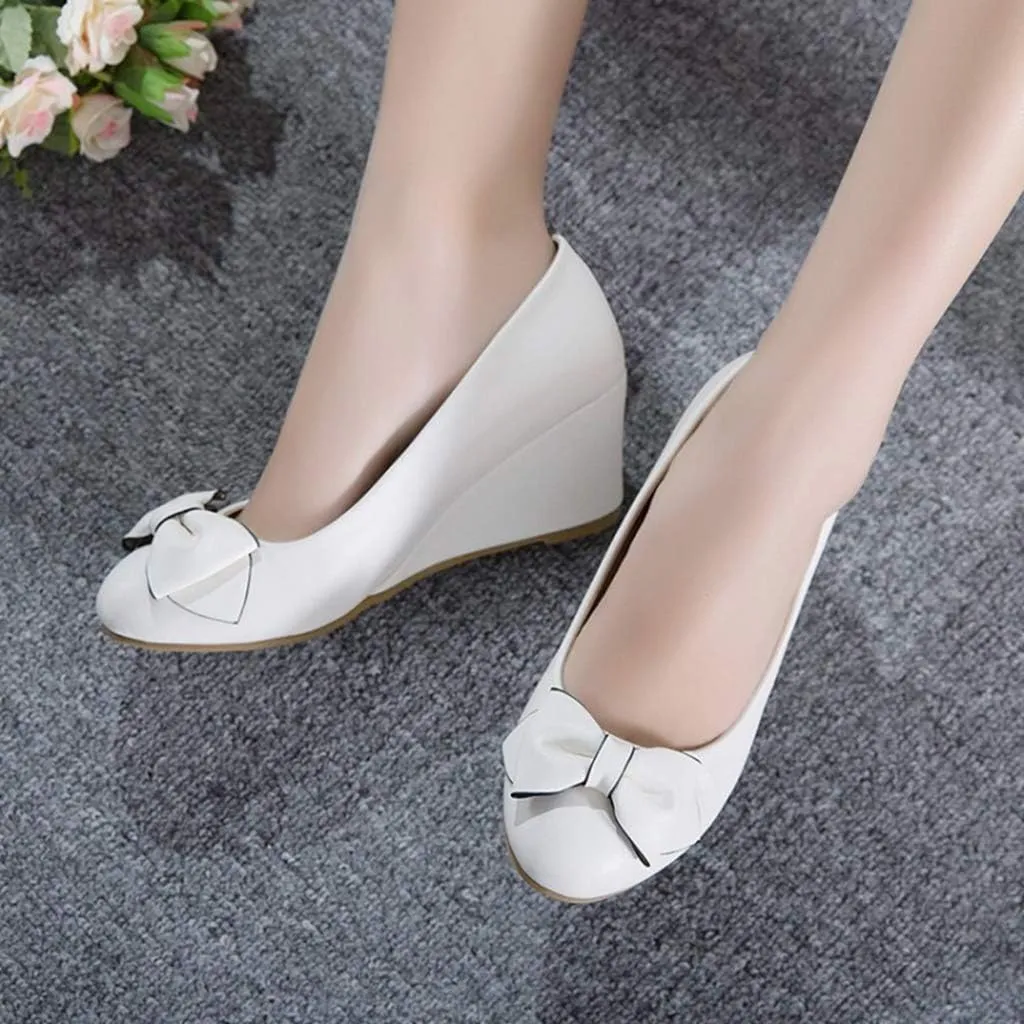 MIOKE Women's Round Toe Mid Wedge Heel Pumps Bow Slip-On Leather Comfortable Chunky Walking Dress Shoes