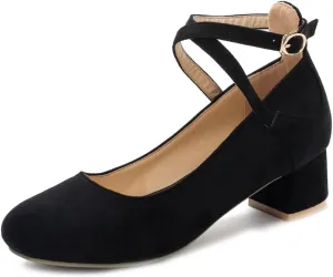MIOKE Women's Square Toe Buckle Pump Loafer Slip-On Suede Chunky Block Mid Heel Casual Office Dress Shoes