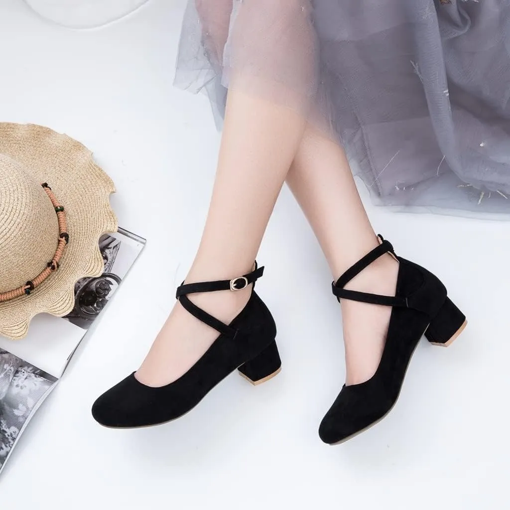 MIOKE Women's Square Toe Buckle Pump Loafer Slip-On Suede Chunky Block Mid Heel Casual Office Dress Shoes