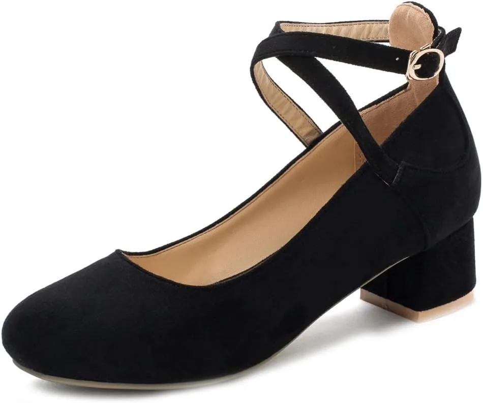 MIOKE Women's Square Toe Buckle Pump Loafer Slip-On Suede Chunky Block Mid Heel Casual Office Dress Shoes