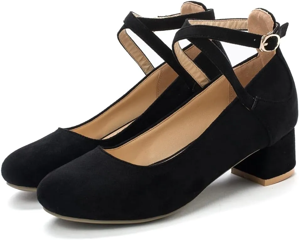 MIOKE Women's Square Toe Buckle Pump Loafer Slip-On Suede Chunky Block Mid Heel Casual Office Dress Shoes