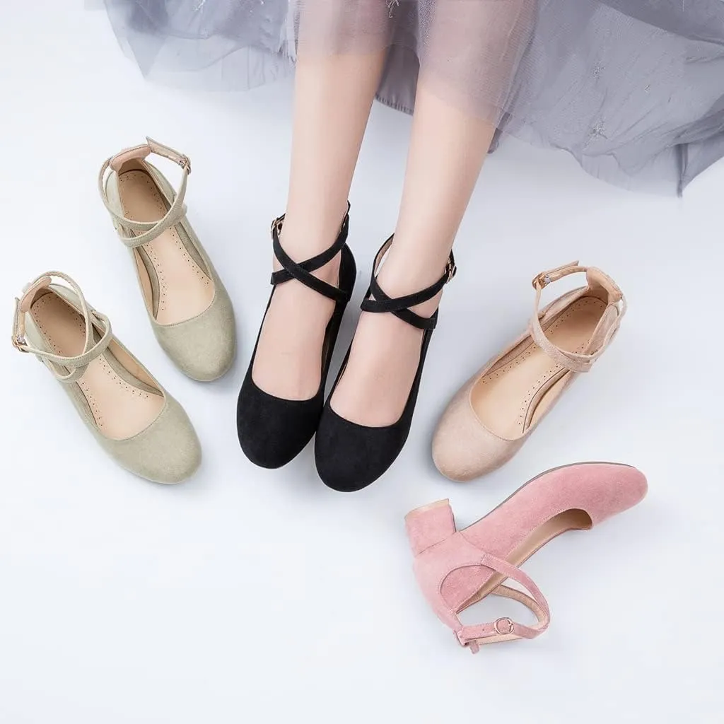 MIOKE Women's Square Toe Buckle Pump Loafer Slip-On Suede Chunky Block Mid Heel Casual Office Dress Shoes