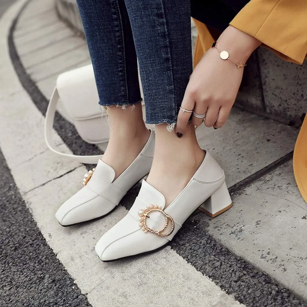 MIOKE Women's Square Toe Pump Loafers Slip-On Pearls Buckle Comfy Chunky Mid Heel Office Work Dress Shoes