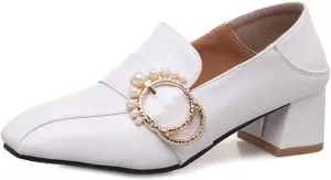 MIOKE Women's Square Toe Pump Loafers Slip-On Pearls Buckle Comfy Chunky Mid Heel Office Work Dress Shoes