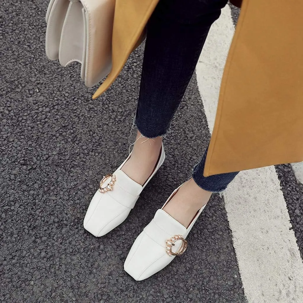 MIOKE Women's Square Toe Pump Loafers Slip-On Pearls Buckle Comfy Chunky Mid Heel Office Work Dress Shoes