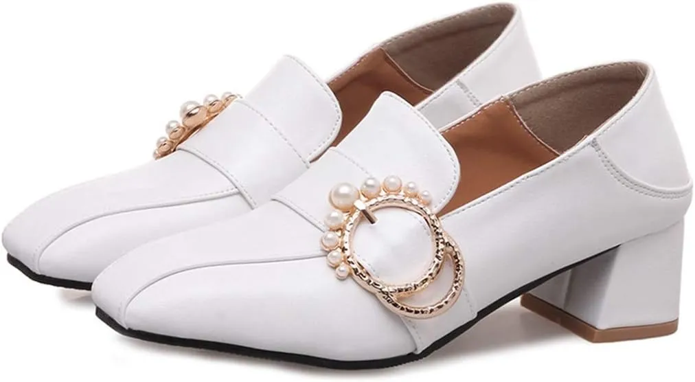 MIOKE Women's Square Toe Pump Loafers Slip-On Pearls Buckle Comfy Chunky Mid Heel Office Work Dress Shoes