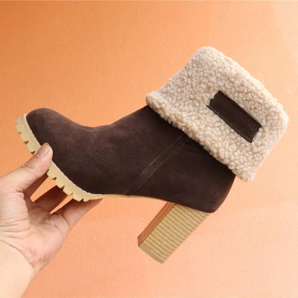 MIOKE Women's Winter Fur Ankle Boots Suede Round Toe Platform Chunky Block High Heel Warm Snow Short Booties
