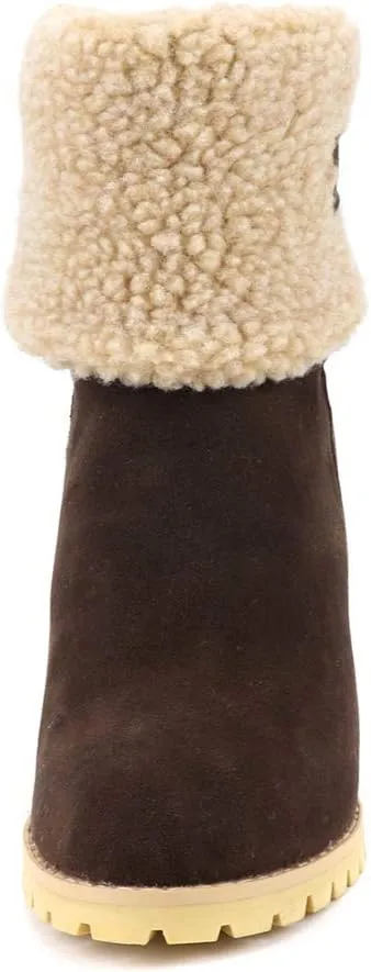 MIOKE Women's Winter Fur Ankle Boots Suede Round Toe Platform Chunky Block High Heel Warm Snow Short Booties