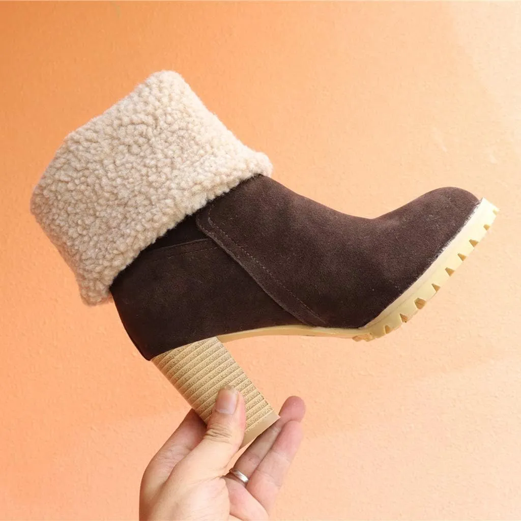 MIOKE Women's Winter Fur Ankle Boots Suede Round Toe Platform Chunky Block High Heel Warm Snow Short Booties