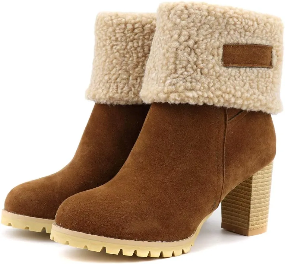 MIOKE Women's Winter Fur Ankle Boots Suede Round Toe Platform Chunky Block High Heel Warm Snow Short Booties