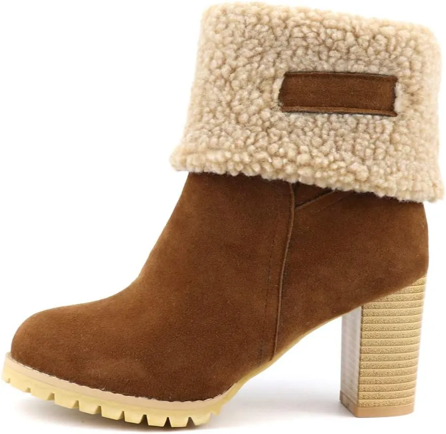 MIOKE Women's Winter Fur Ankle Boots Suede Round Toe Platform Chunky Block High Heel Warm Snow Short Booties