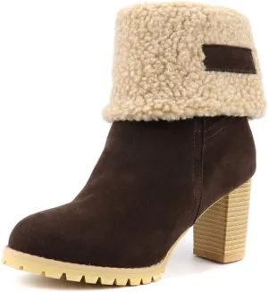 MIOKE Women's Winter Fur Ankle Boots Suede Round Toe Platform Chunky Block High Heel Warm Snow Short Booties