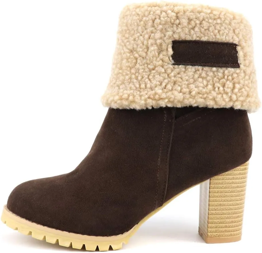 MIOKE Women's Winter Fur Ankle Boots Suede Round Toe Platform Chunky Block High Heel Warm Snow Short Booties