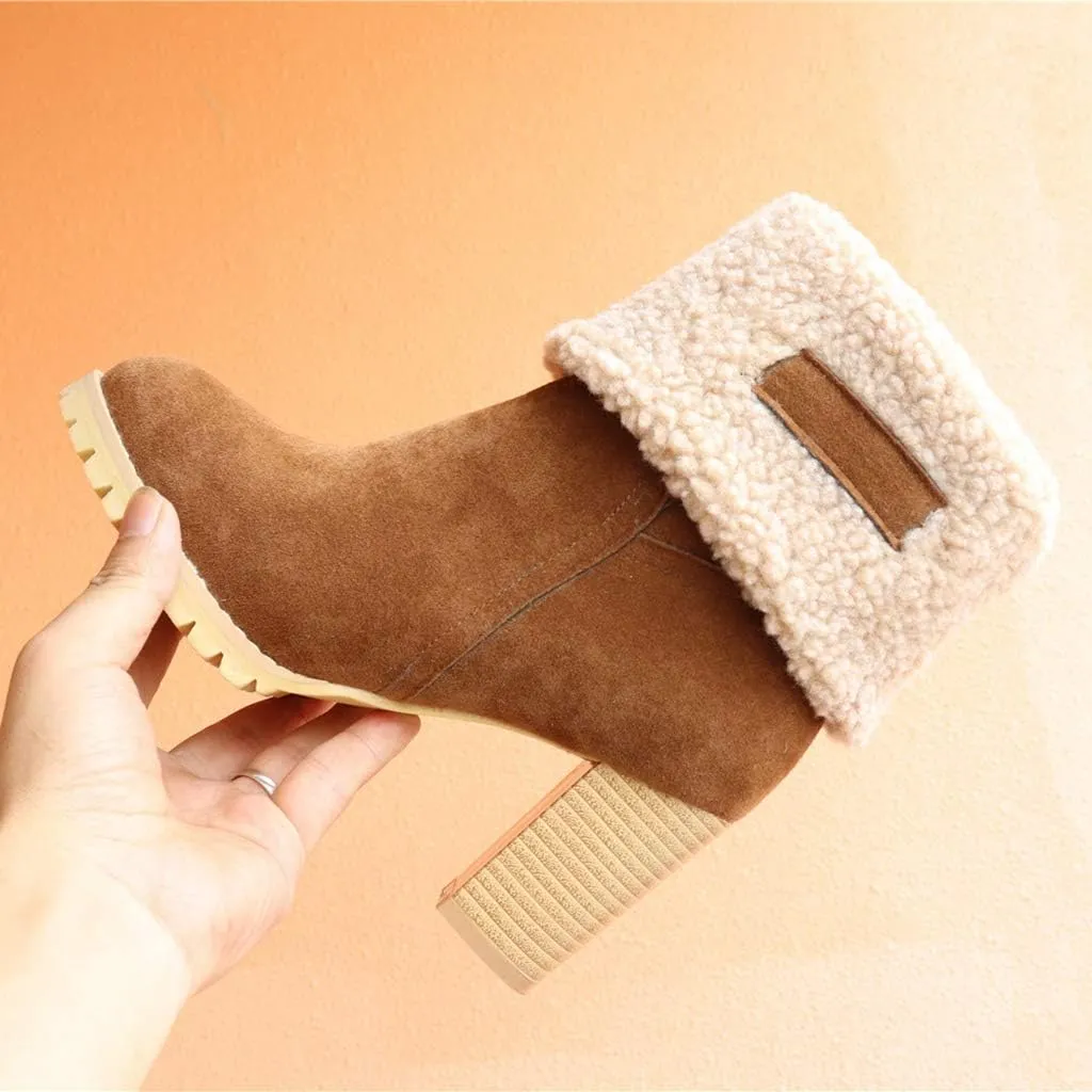 MIOKE Women's Winter Fur Ankle Boots Suede Round Toe Platform Chunky Block High Heel Warm Snow Short Booties