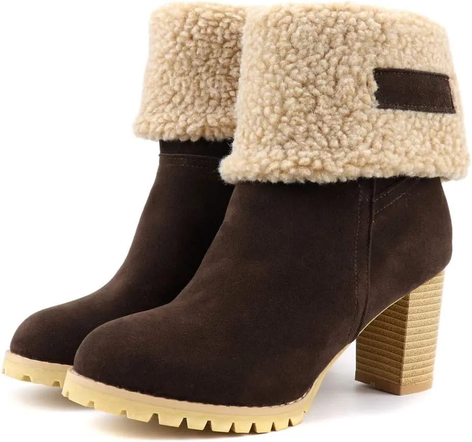 MIOKE Women's Winter Fur Ankle Boots Suede Round Toe Platform Chunky Block High Heel Warm Snow Short Booties