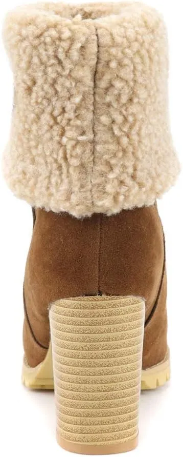 MIOKE Women's Winter Fur Ankle Boots Suede Round Toe Platform Chunky Block High Heel Warm Snow Short Booties