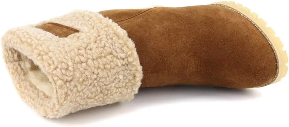 MIOKE Women's Winter Fur Ankle Boots Suede Round Toe Platform Chunky Block High Heel Warm Snow Short Booties