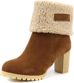 MIOKE Women's Winter Fur Ankle Boots Suede Round Toe Platform Chunky Block High Heel Warm Snow Short Booties