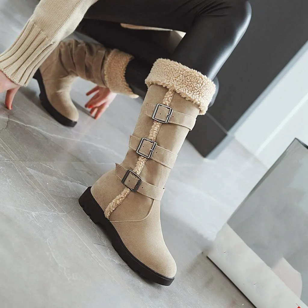 MIOKE Women's Winter Fur Mid Calf Snow Boots Waterproof Suede Buckle Quilted Slip On Wide Warm Snow Boot