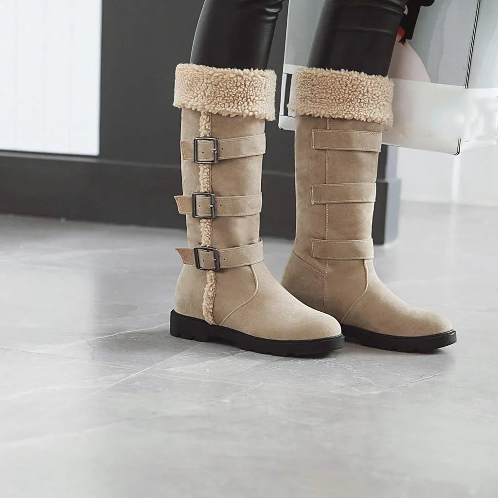 MIOKE Women's Winter Fur Mid Calf Snow Boots Waterproof Suede Buckle Quilted Slip On Wide Warm Snow Boot