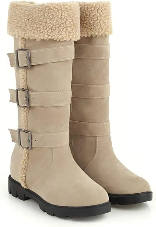 MIOKE Women's Winter Fur Mid Calf Snow Boots Waterproof Suede Buckle Quilted Slip On Wide Warm Snow Boot