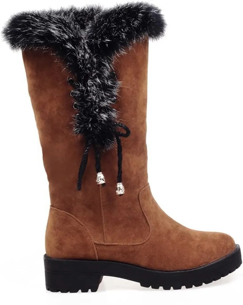 MIOKE Women's Winter Fur Mid Calf Snow Boots Waterproof Suede Buckle Slip On Platform Wide Warm Snow Boot