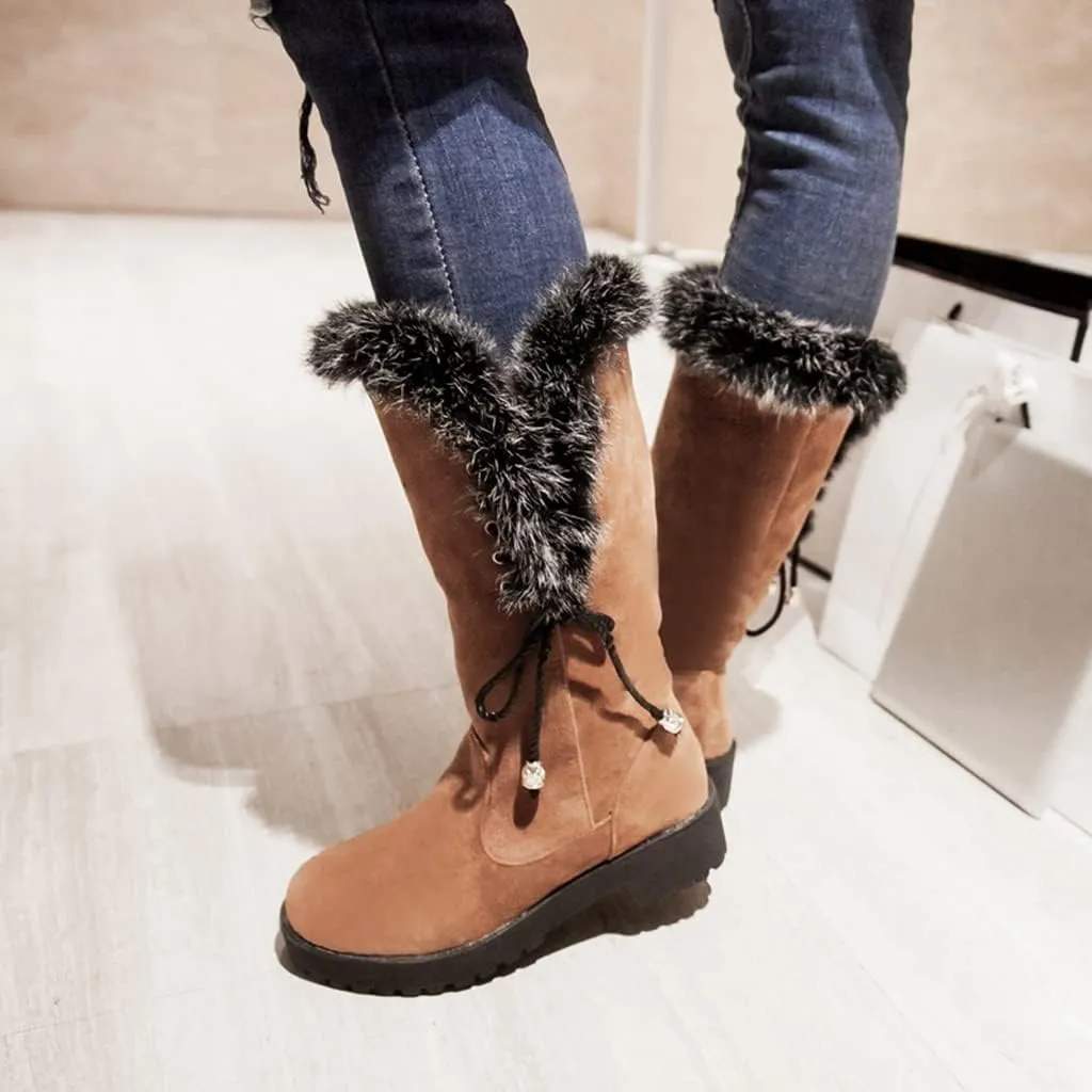 MIOKE Women's Winter Fur Mid Calf Snow Boots Waterproof Suede Buckle Slip On Platform Wide Warm Snow Boot