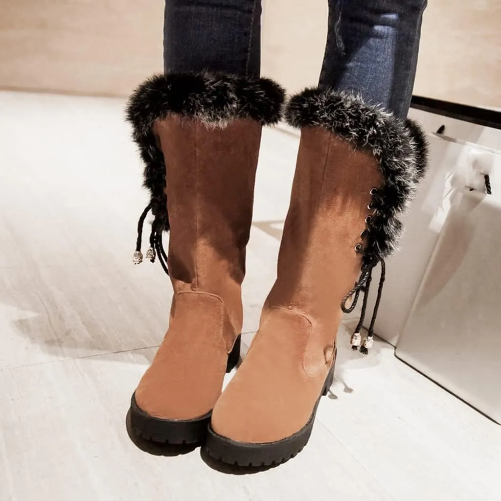 MIOKE Women's Winter Fur Mid Calf Snow Boots Waterproof Suede Buckle Slip On Platform Wide Warm Snow Boot