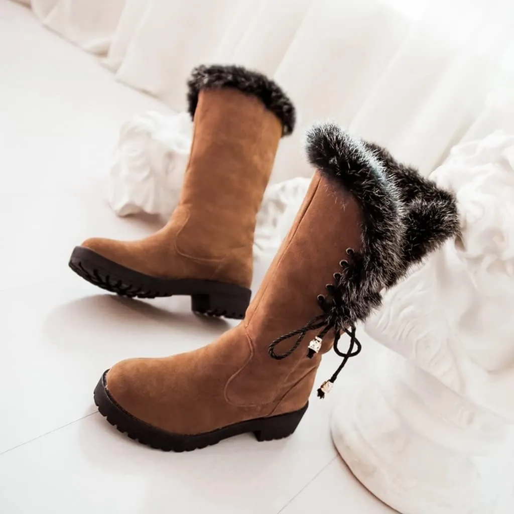MIOKE Women's Winter Fur Mid Calf Snow Boots Waterproof Suede Buckle Slip On Platform Wide Warm Snow Boot