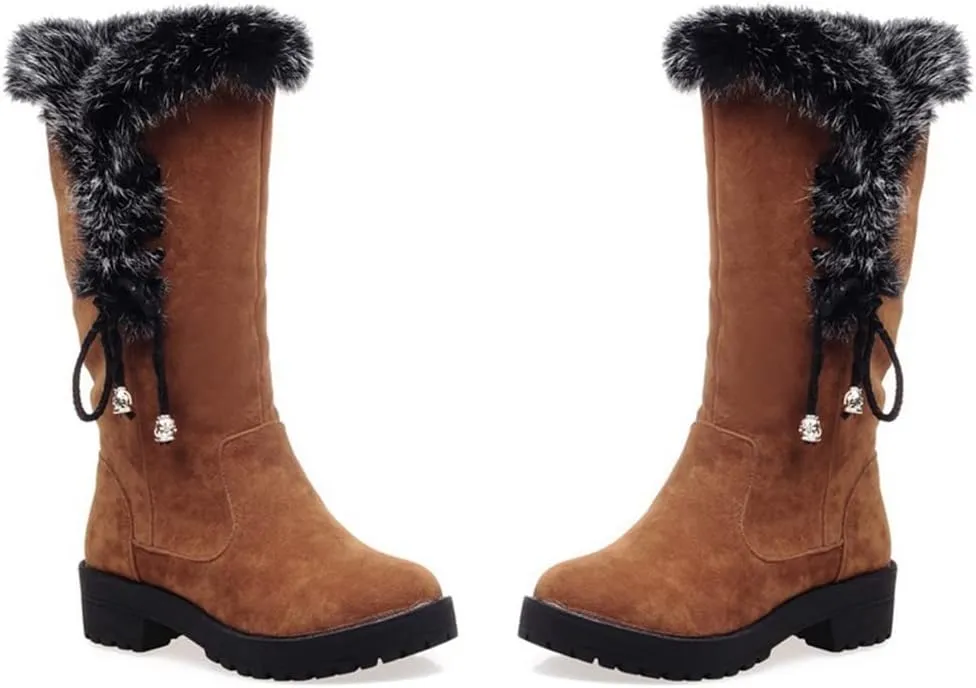 MIOKE Women's Winter Fur Mid Calf Snow Boots Waterproof Suede Buckle Slip On Platform Wide Warm Snow Boot