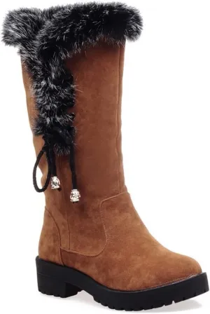 MIOKE Women's Winter Fur Mid Calf Snow Boots Waterproof Suede Buckle Slip On Platform Wide Warm Snow Boot