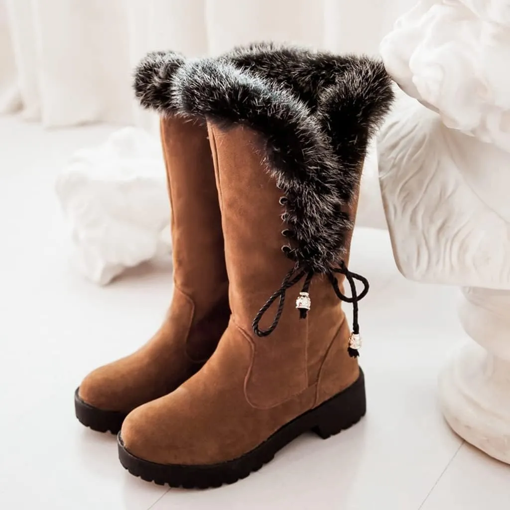 MIOKE Women's Winter Fur Mid Calf Snow Boots Waterproof Suede Buckle Slip On Platform Wide Warm Snow Boot