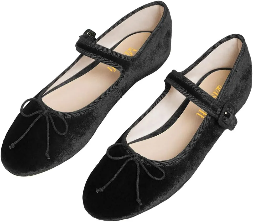 miss left Women Bowknot Ankle Strap Mary Jane Classic Closed Round Toe Ballet Flats Slip On Cozy Casual Dance Shoes Size 4-16 US