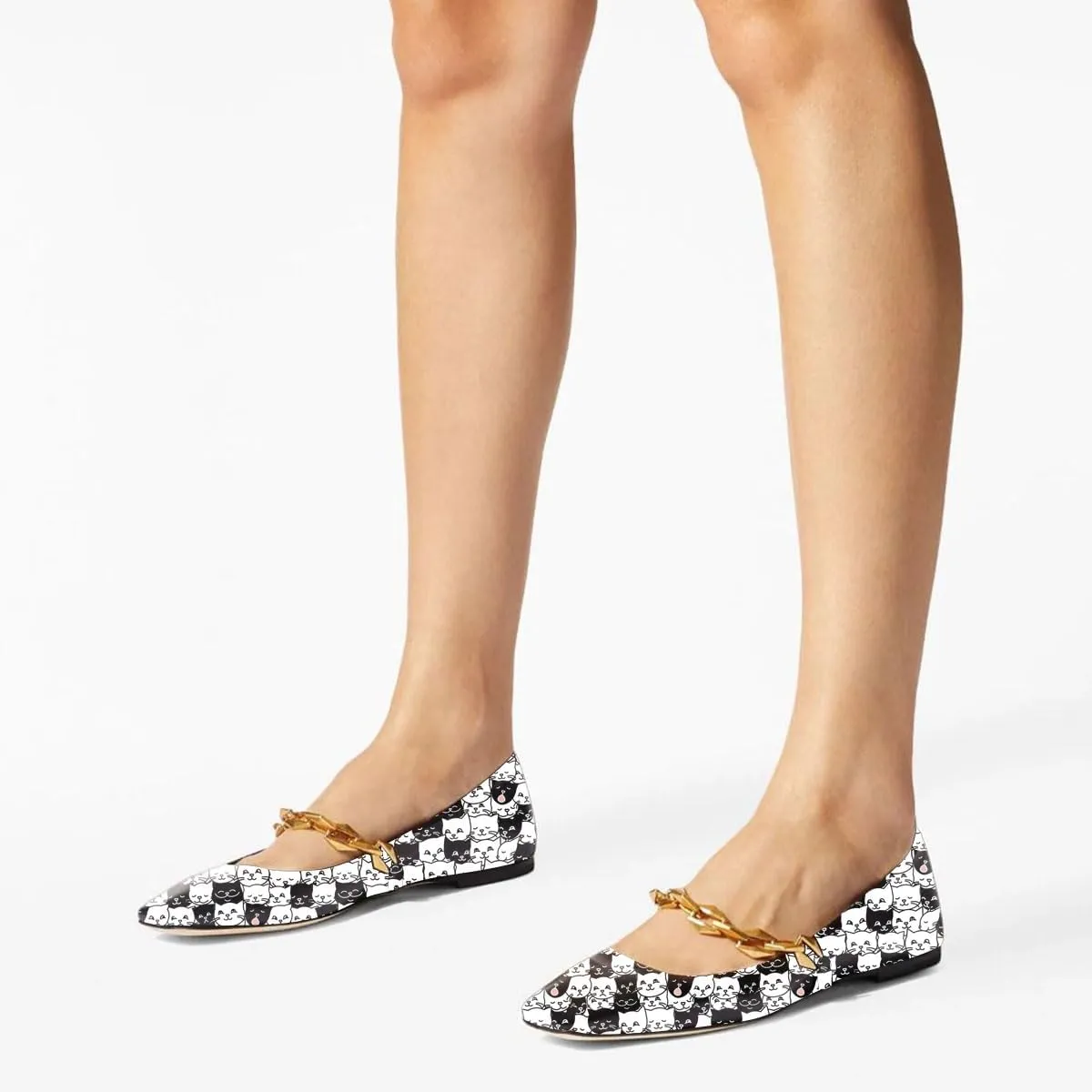 miss left Women Comfy Chain Strap Mary Janes Shoes Slip On Closed Square Toe Ballet Flats for Walking School Dressy Size 4-16 US