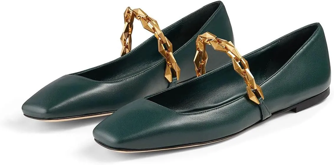 miss left Women Comfy Chain Strap Mary Janes Shoes Slip On Closed Square Toe Ballet Flats for Walking School Dressy Size 4-16 US