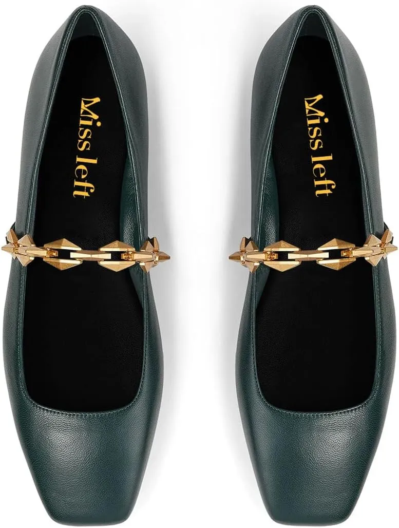miss left Women Comfy Chain Strap Mary Janes Shoes Slip On Closed Square Toe Ballet Flats for Walking School Dressy Size 4-16 US