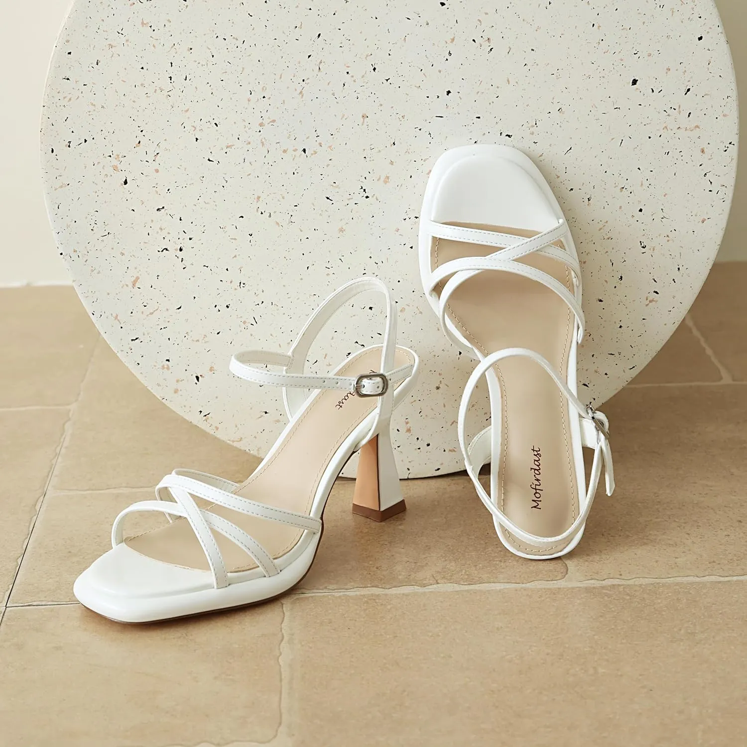 Mofirdast Women's Strappy Platform Heel Sandals Round Toe Ankle Strap High Heels Wedding Work Party Dress Shoes