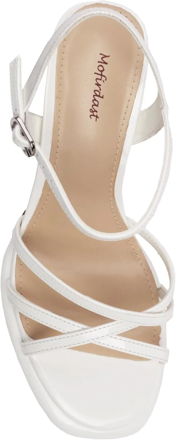 Mofirdast Women's Strappy Platform Heel Sandals Round Toe Ankle Strap High Heels Wedding Work Party Dress Shoes