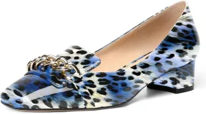 MOVINSTEPS Womens Square Toe Patent Metal Chain Office Slip On Loafers Dress Chunky Low Heel Pumps Shoes 1.5 Inch