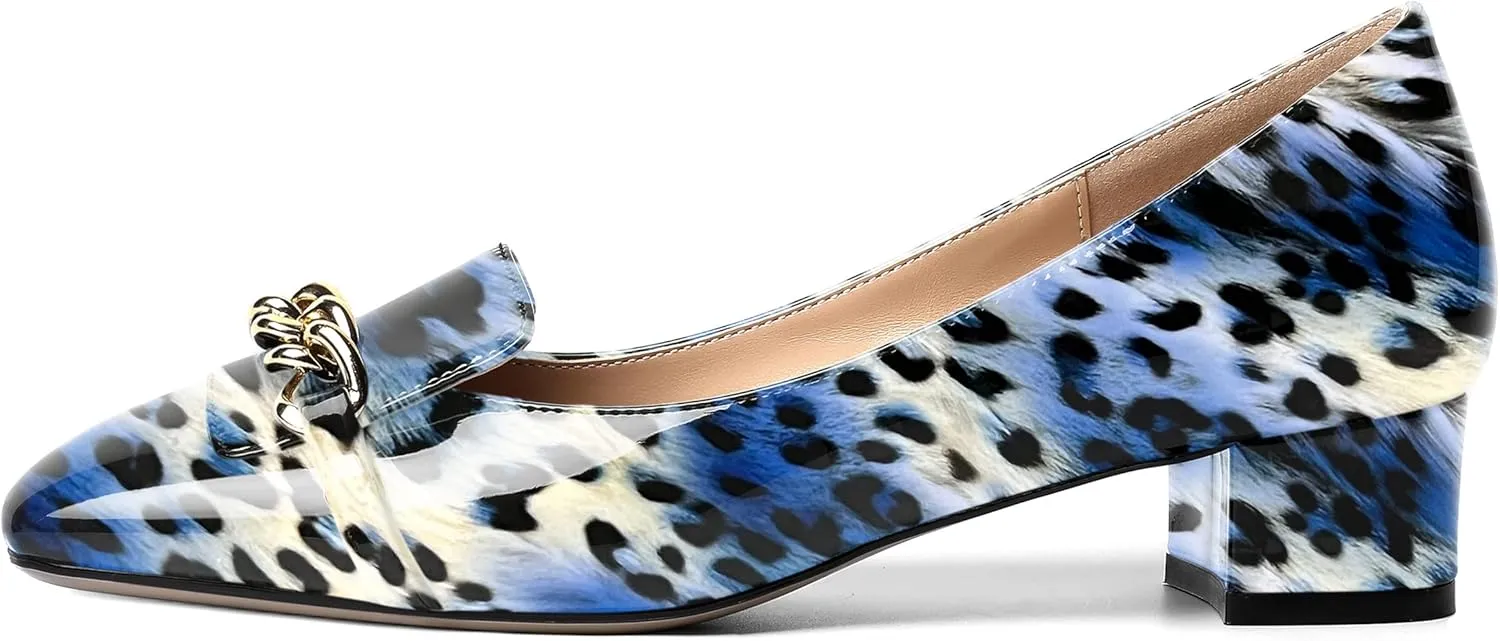 MOVINSTEPS Womens Square Toe Patent Metal Chain Office Slip On Loafers Dress Chunky Low Heel Pumps Shoes 1.5 Inch